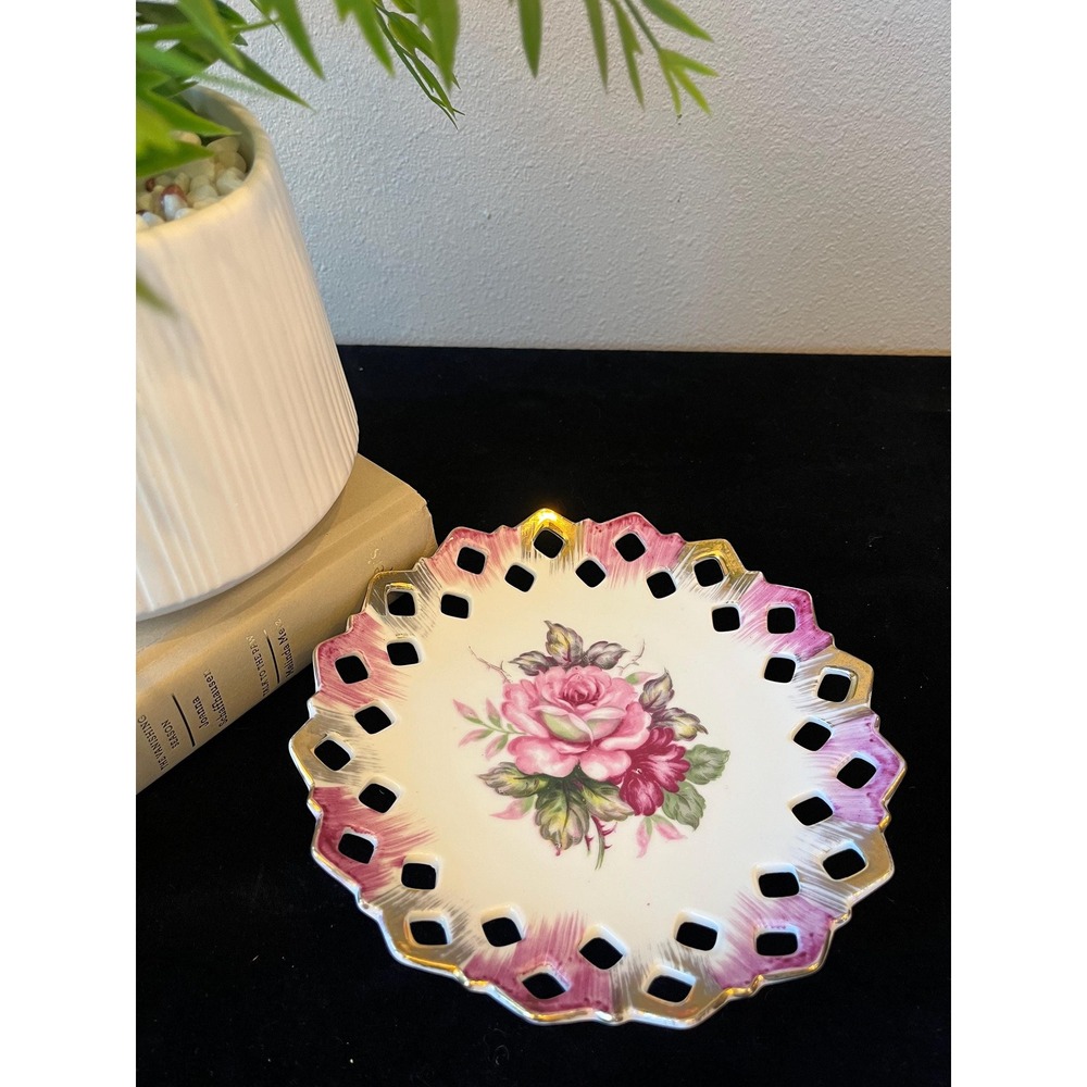 Vintage Lefton China Pink Rose Plate 1950s Hand Painted Porcelain Pierced Gold